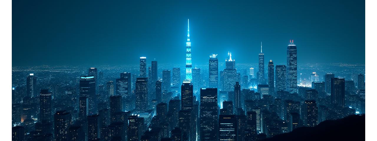 東京のスカイラインと融合する抽象的なAIジェネレーティブアート